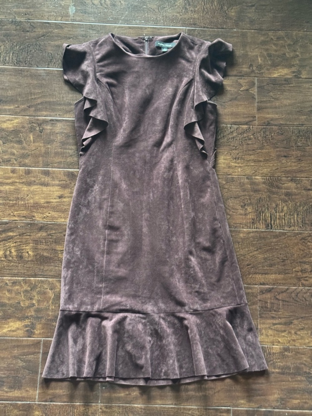 Ivanka Trump Brown Faux Suede Dress Ruffled Cap Sleeves Flared Hem Brown Size 6